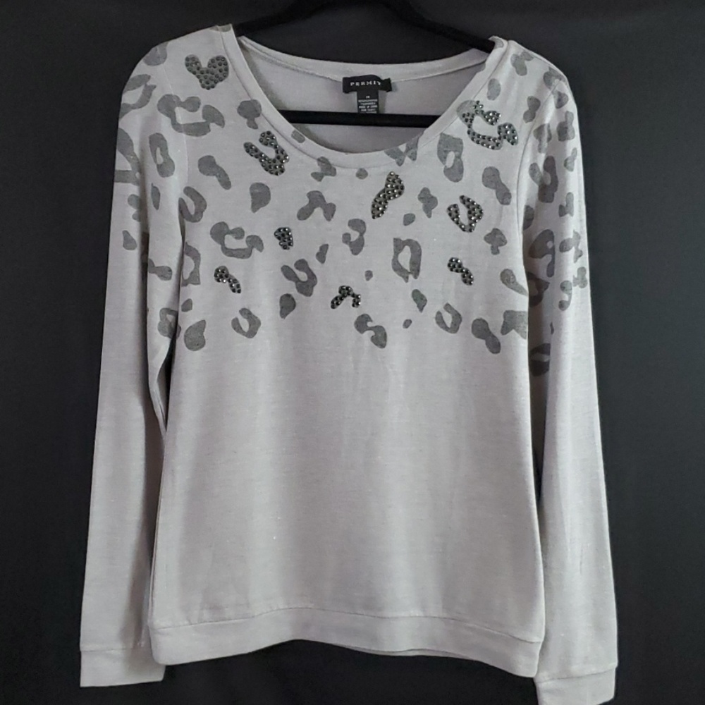 Permit Sweater Lightweight Grey Black Embellished Leopard Print Women's Medium